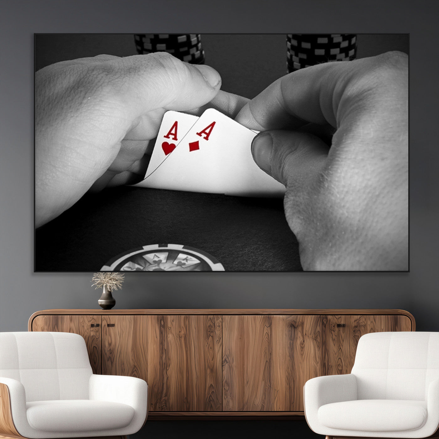62460-MGV-CV-36X24-Poker Game Wall Art – Close Up of Hands Holding Aces with Chips, Casino Style Decor for Game Room, Man Cave or Office