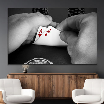 62460-MGV-CV-36X24-Poker Game Wall Art – Close Up of Hands Holding Aces with Chips, Casino Style Decor for Game Room, Man Cave or Office