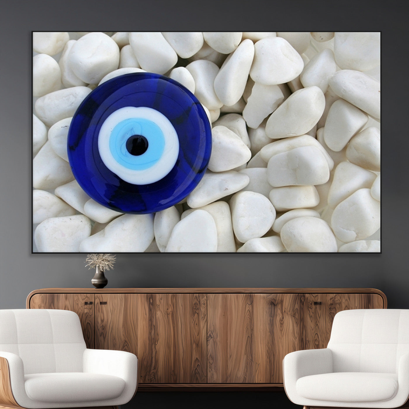 48883-MGV-CV-36X24-Evil Eye Wall Art – Deep Blue Symbol of Presence and Calm on White Stones, Subtle Spiritual Decor for Entryway, Studio, Office or