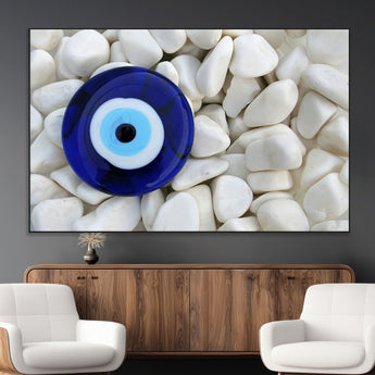 48883-MGV-CV-36X24-Evil Eye Wall Art – Deep Blue Symbol of Presence and Calm on White Stones, Subtle Spiritual Decor for Entryway, Studio, Office or
