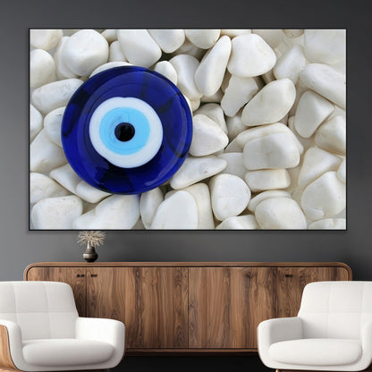 48883-MGV-CV-36X24-Evil Eye Wall Art – Deep Blue Symbol of Presence and Calm on White Stones, Subtle Spiritual Decor for Entryway, Studio, Office or