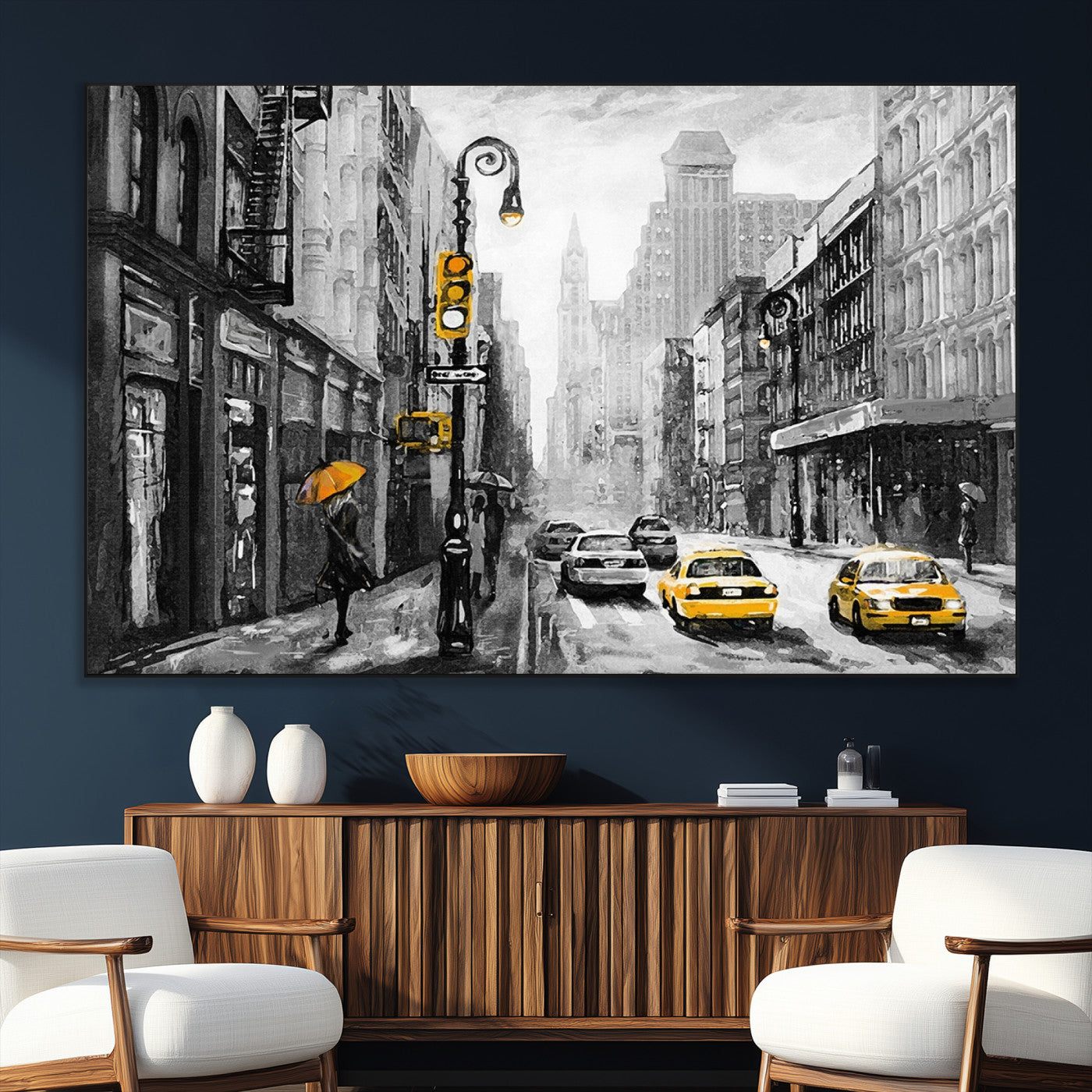 32362-SEG-FC-51X34_Oversize_Oversize-NYC Street Wall Art – Black and White Cityscape with Yellow Taxis and Umbrella Canvas Print, Urban Home Decor for Living Room or