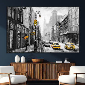 32362-SEG-FC-51X34_Oversize_Oversize-NYC Street Wall Art – Black and White Cityscape with Yellow Taxis and Umbrella Canvas Print, Urban Home Decor for Living Room or