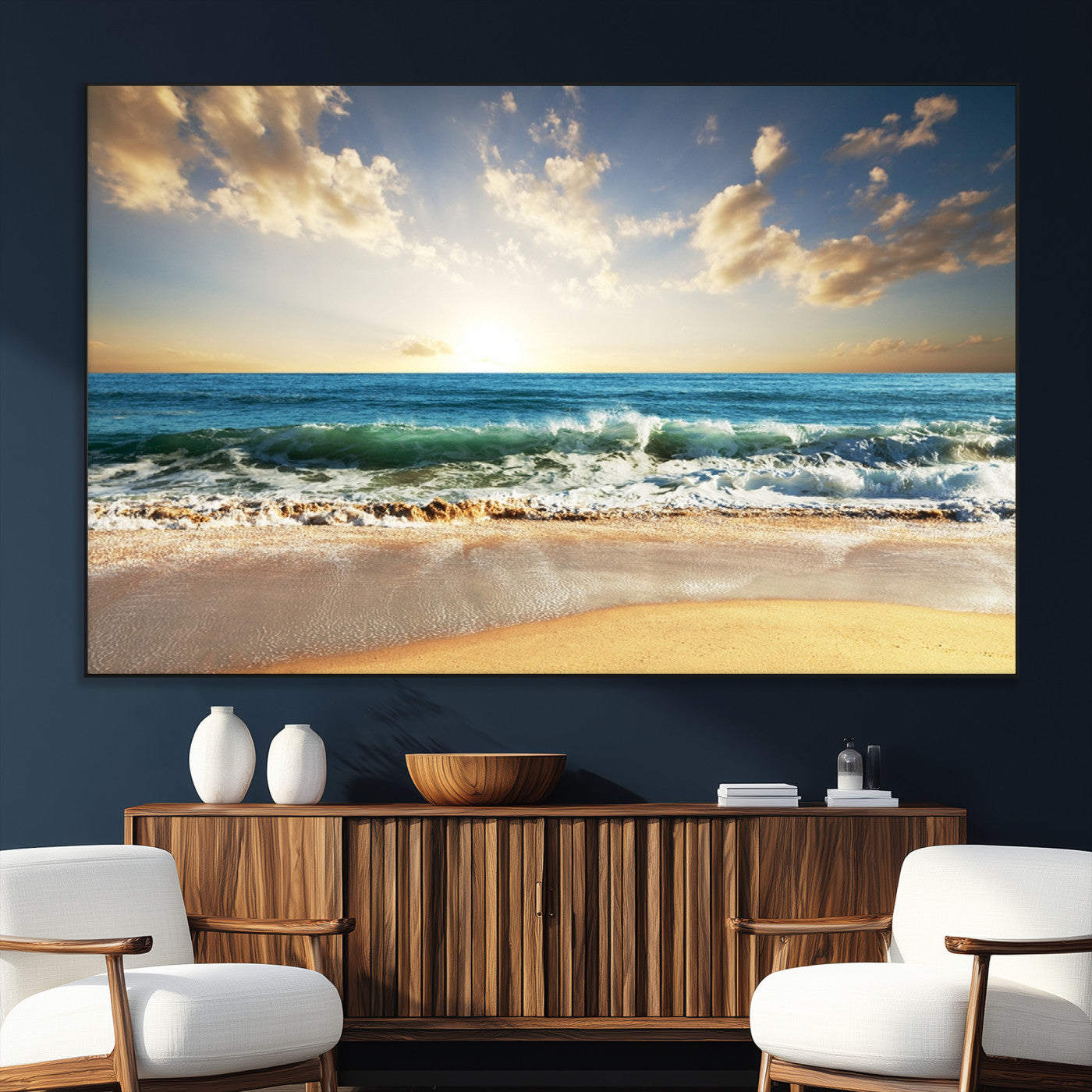 13139-MGV-CV-36X24-Sunrise Beach Wall Art – Ocean Waves and Golden Sand Canvas Print, Coastal Home Decor for Living Room, Bedroom, or Office