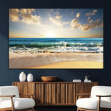 13139-MGV-CV-36X24-Sunrise Beach Wall Art – Ocean Waves and Golden Sand Canvas Print, Coastal Home Decor for Living Room, Bedroom, or Office