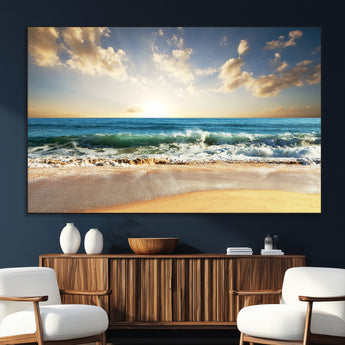 13139-MGV-CV-36X24-Sunrise Beach Wall Art – Ocean Waves and Golden Sand Canvas Print, Coastal Home Decor for Living Room, Bedroom, or Office