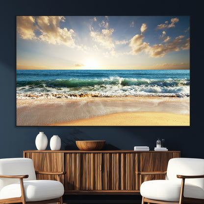 13139-MGV-CV-36X24-Sunrise Beach Wall Art – Ocean Waves and Golden Sand Canvas Print, Coastal Home Decor for Living Room, Bedroom, or Office