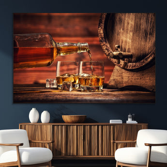 52458-MGV-CV-36X24-Whiskey Pour Wall Art – Elegant Whiskey Bottle Pouring into Glasses Canvas Print, Refined Bar or Lounge Decor for Home, Office, or
