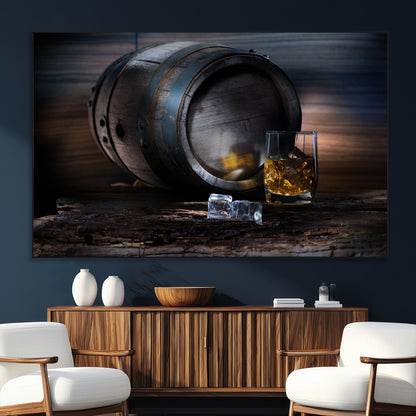 78049-SEG-FC-51X34_Oversize_Oversize-Whiskey Barrel Wall Art – Rustic Whiskey Barrel and Glass with Ice Canvas Print, Classic Bar or Lounge Decor for Home, Office, or