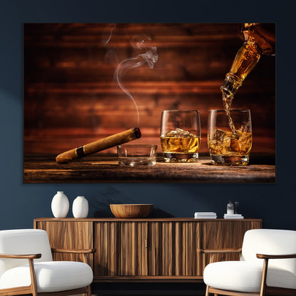 91042-SEG-FC-51X34_Oversize_Oversize-Whiskey & Cigar Wall Art – Elegant Whiskey Pour and Smoldering Cigar Canvas Print, Sophisticated Bar or Lounge Decor for Home,