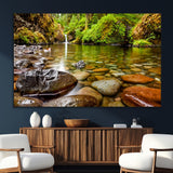 98096-SEG-FC-51X34_Oversize_Oversize-Serene River Waterfall Nature Photo – Calm Clear Water, Vibrant Green Forest and Smooth Stones Landscape Wall Art for Home or