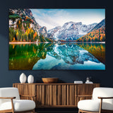 10402-MGV-CV-36X24-Snowy Mountain Lake Wall Art – Autumn Landscape Canvas Print with Reflection, Nature Decor for Living Room, Office, Bedroom or