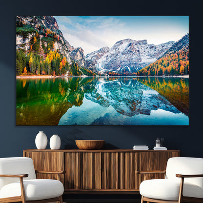 10402-MGV-CV-36X24-Snowy Mountain Lake Wall Art – Autumn Landscape Canvas Print with Reflection, Nature Decor for Living Room, Office, Bedroom or