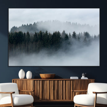 42596-MGV-CV-36X24-Misty Forest Wall Art – Atmospheric Pine Trees Canvas Print, Nature Landscape Decor for Living Room, Bedroom, Office, or Cabin