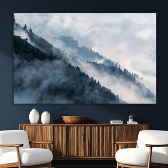 85737-SEG-FC-51X34_Oversize_Oversize-Misty Mountain Wall Art – Atmospheric Pine Forest Canvas Print with Fog and Mist, Calm Nature Decor for Living Room, Bedroom,