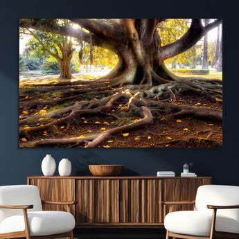 53335-SEG-FC-51X34_Oversize_Oversize-Majestic Tree with Sprawling Roots Wall Art – Serene Sunlit Park Scene, Nature Canvas Print, Perfect for Living Room, Office or