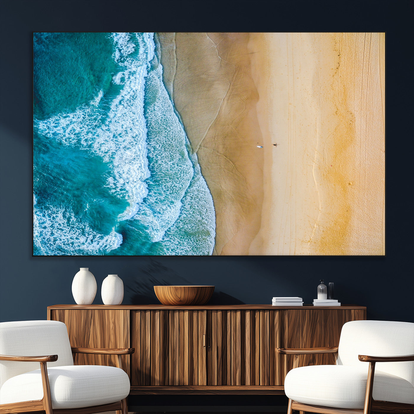 46640-SEG-FC-51X34_Oversize_Oversize-Aerial Beach Wall Art – Turquoise Waves and Golden Sand Canvas Print with Lone Surfer, Coastal Ocean Decor for Living Room,