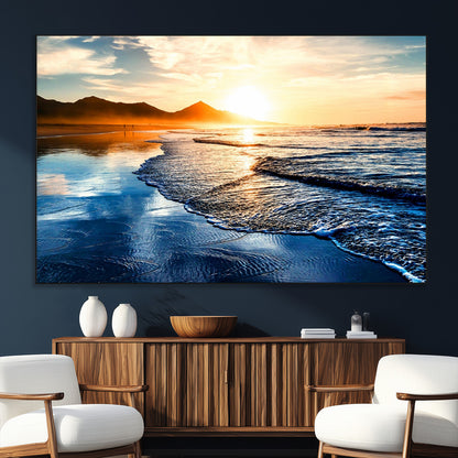 86173-SEG-FC-51X34_Oversize_Oversize-Golden Sunset Beach Wall Art – Reflective Ocean Canvas Print with Mountains and Waves, Coastal Nature Decor for Living Room,