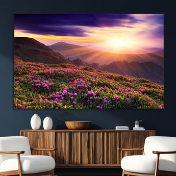 49741-SEG-FC-51X34_Oversize_Oversize-Mountain Sunrise Wall Art – Vibrant Floral Landscape Canvas Print, Nature Home Decor for Living Room, Bedroom Office or Cabin