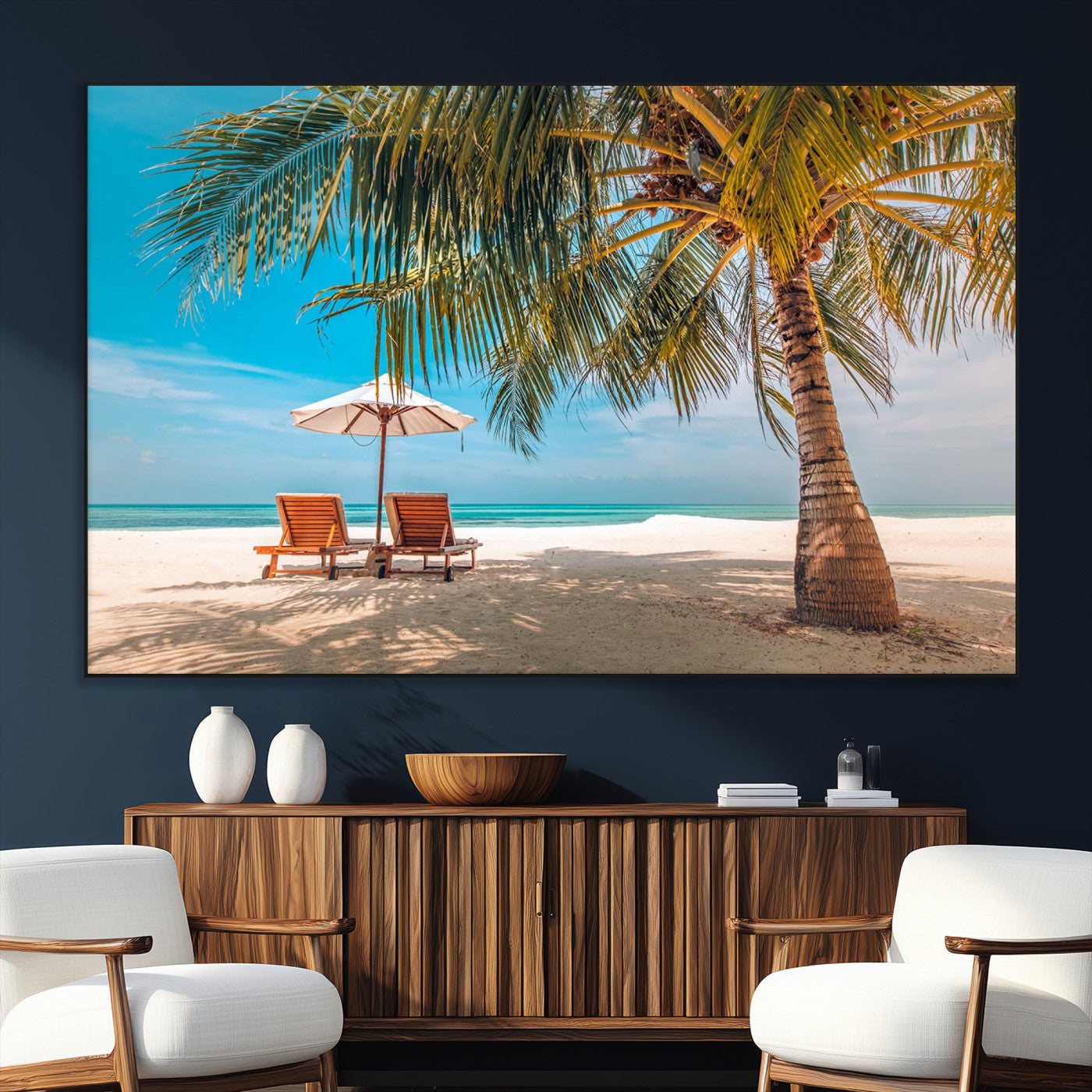 69754-SEG-FC-51X34_Oversize_Oversize-Tropical Beach Wall Art – Relaxing Palm Tree and Lounge Chairs Canvas Print, Serene Coastal Decor for Living Room, Bedroom, Office