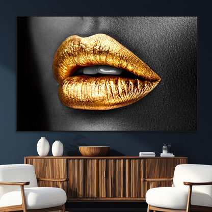 84747-SEG-FC-51X34_Oversize_Oversize-Golden Lips Black & White Portrait – Glamorous Metallic Lip Art Print, Modern Wall Decor for Bedroom, Beauty & Fashion Lover Gift