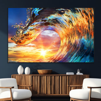 52890-SEG-FC-51X34_Oversize_Oversize-Surfing Wave Wall Art Canvas Print, Framed Sunset Ocean Art Picture Print, Ocean Wave Perfect Nautical Decor Artwork