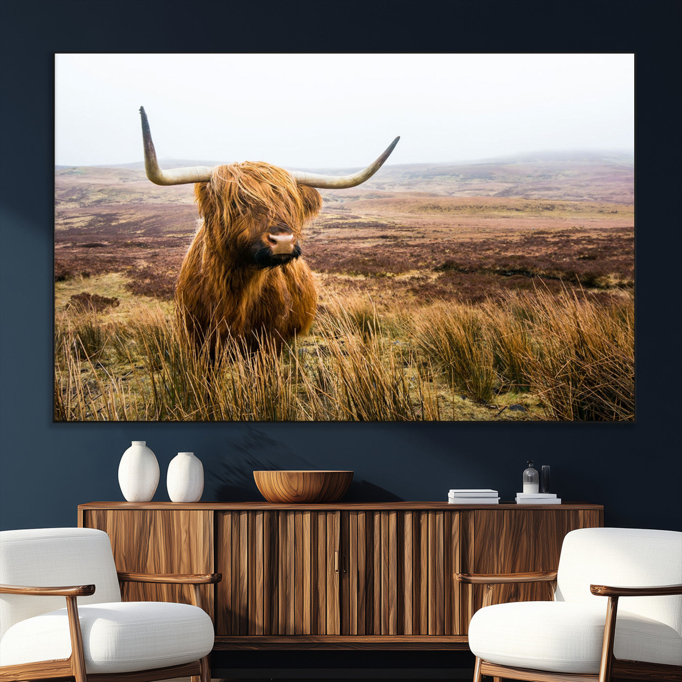 79391-SEG-FC-51X34_Oversize_Oversize-Majestic Highland Cow in Misty Scottish Moorland – Rustic Natural Charm, Perfect for Unique Home or Office Decor