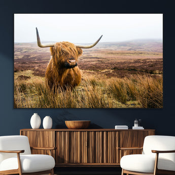 79391-SEG-FC-51X34_Oversize_Oversize-Majestic Highland Cow in Misty Scottish Moorland – Rustic Natural Charm, Perfect for Unique Home or Office Decor