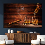 41139-MGV-CV-36X24-Whiskey and Cigar Still Life – Glasses with Ice and Pouring Amber Drink on Wooden Table with Smoke, Elegant Bar or Lounge Wall
