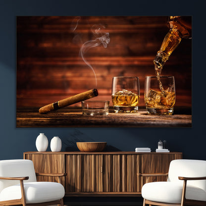 41139-MGV-CV-36X24-Whiskey and Cigar Still Life – Glasses with Ice and Pouring Amber Drink on Wooden Table with Smoke, Elegant Bar or Lounge Wall