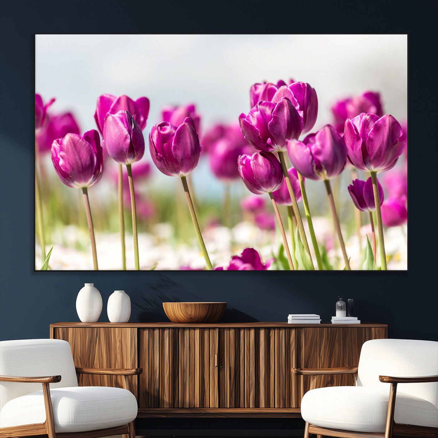 30632-SEG-FC-51X34_Oversize_Oversize-Purple Tulip Field Wall Art – Beautiful Spring Flowers Canvas Print with Soft Focus and Bright Sky, Ideal Floral Decor for Home or