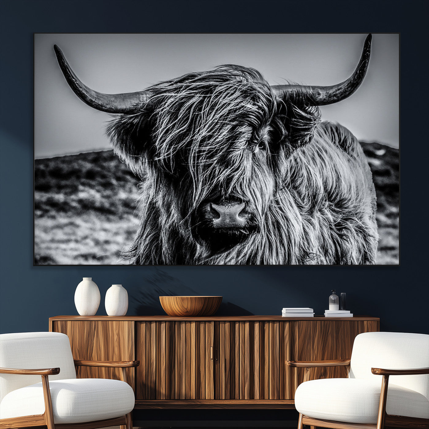 97372-SEG-FC-51X34_Oversize_Oversize-Elegant Highland Cow Wall Art – Black and White Canvas Print, Rustic Nature Decor for Home, Office, Living Room or Man Cave
