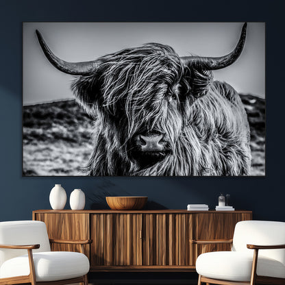 97372-SEG-FC-51X34_Oversize_Oversize-Elegant Highland Cow Wall Art – Black and White Canvas Print, Rustic Nature Decor for Home, Office, Living Room or Man Cave