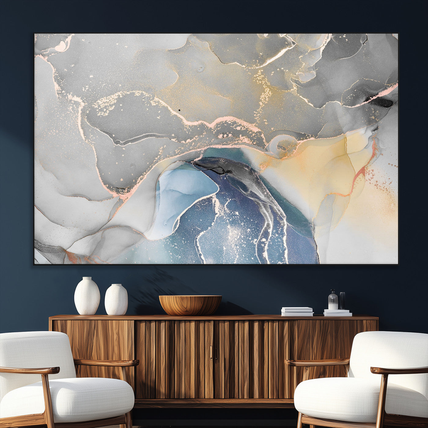 63211-SEG-FC-51X34_Oversize_Oversize-Abstract Fluid Art Wall Decor – Blue, Gray & Gold Canvas Print, Modern Home and Office Wall Art Decor for Living Room, Bedroom or