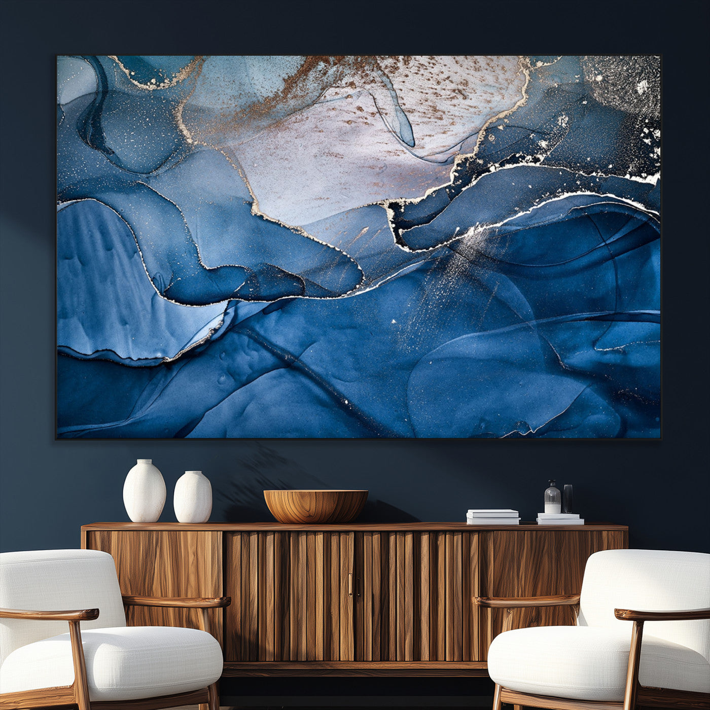 27810-SEG-FC-51X34_Oversize_Oversize-Abstract Blue Gold Fluid Art Wall – Modern Canvas Print, Elegant Home & Office Wall Art, Stylish Living Room or Bedroom Decor