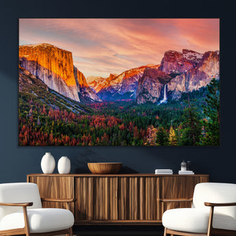 24519-SEG-FC-51X34_Oversize_Oversize-Yosemite Valley Sunset Wall Art – Majestic Mountain Landscape with Waterfall and Vibrant Sky, Nature Photography for Home or
