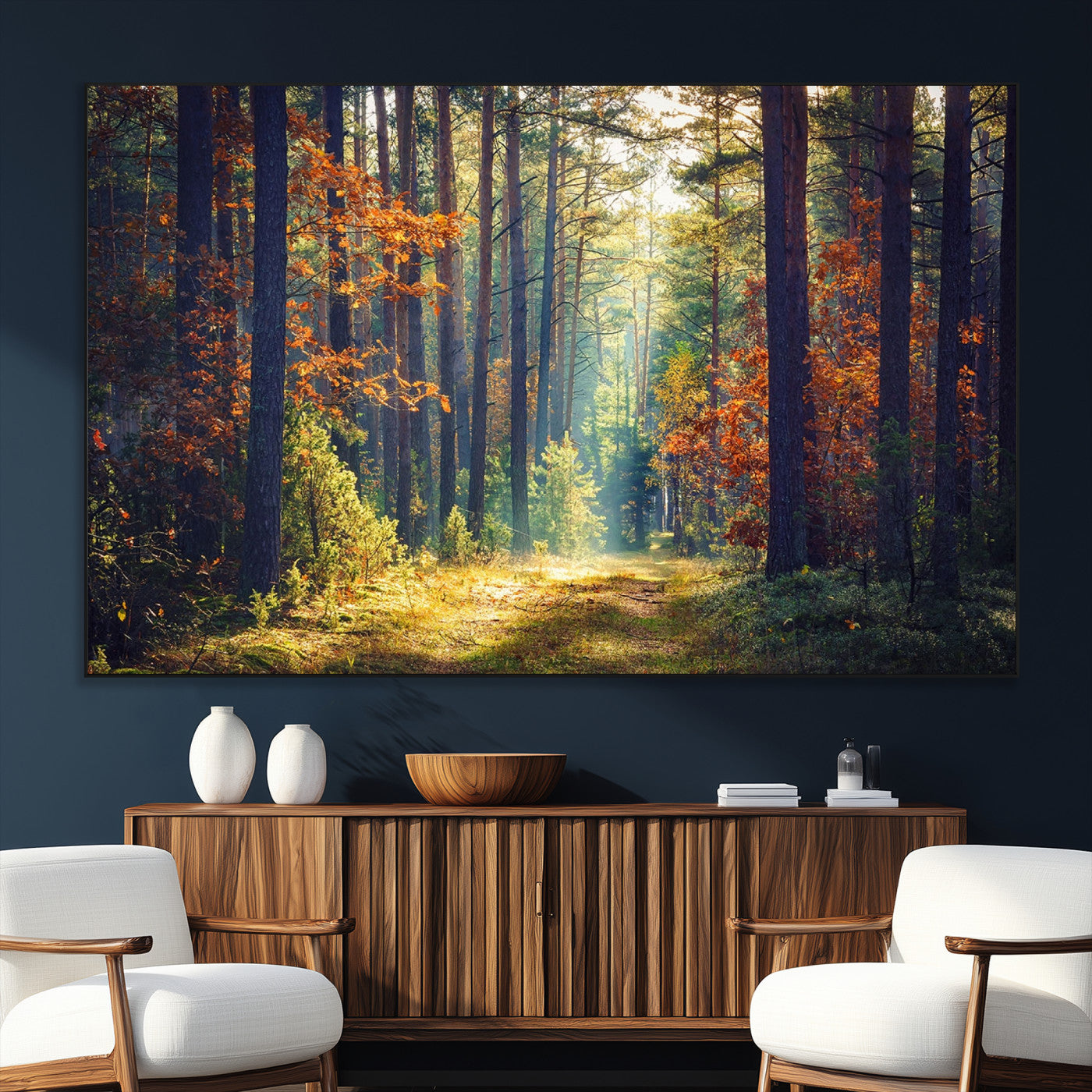86249-SEG-FC-51X34_Oversize_Oversize-Sunlit Autumn Forest Path Wall Art – Peaceful Nature Scene with Fall Foliage, Calming Woods Decor for Home or Office