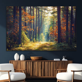 86249-SEG-FC-51X34_Oversize_Oversize-Sunlit Autumn Forest Path Wall Art – Peaceful Nature Scene with Fall Foliage, Calming Woods Decor for Home or Office