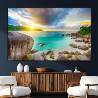 23769-MGV-CV-36X24-Tropical Beach Sunset Wall Art – Ocean Waves and Rocky Shore Canvas Print, Coastal Seascape Photography Decor