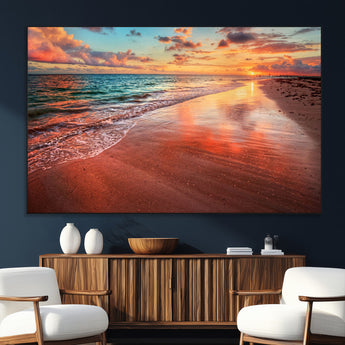 77723-MGV-CV-36X24-Sunset Beach Wall Art – Vibrant Ocean Waves and Golden Horizon Canvas Print, Coastal Seascape Photography Home Decor