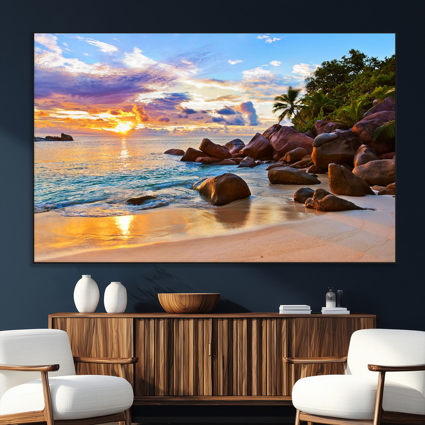 43209-MGV-CV-36X24-Tropical Beach Sunset Wall Art – Golden Ocean Waves and Palm Trees with Rocky Shore Canvas Print, Coastal Seascape Decor for