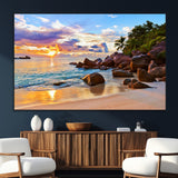 43209-MGV-CV-36X24-Tropical Beach Sunset Wall Art – Golden Ocean Waves and Palm Trees with Rocky Shore Canvas Print, Coastal Seascape Decor for