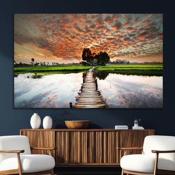 29105-MGV-CV-36X24-Rustic Wooden Bridge Wall Art – Scenic Sunset Over Rice Fields and Reflective Water Canvas Print, Nature Landscape Decor for