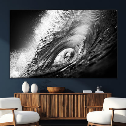 22702-MGV-CV-36X24-Black and White Ocean Wave Wall Art – Powerful Surf Curl Photography Canvas Print, Modern Coastal Decor for Living Room, Office or