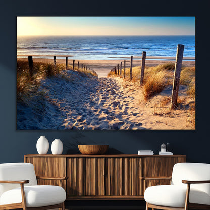 31889-MGV-CV-36X24-Sandy Beach Pathway Wall Art – Coastal Dune Fence and Ocean View Canvas Print, Relaxing Seaside Landscape Decor for Living Room or