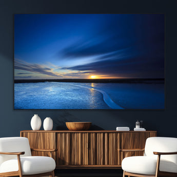 65405-MGV-CV-36X24-Blue Sunrise Seascape Wall Art – Tranquil Ocean Horizon Canvas Print with Golden Sunlight and Deep Sky, Coastal Landscape Decor