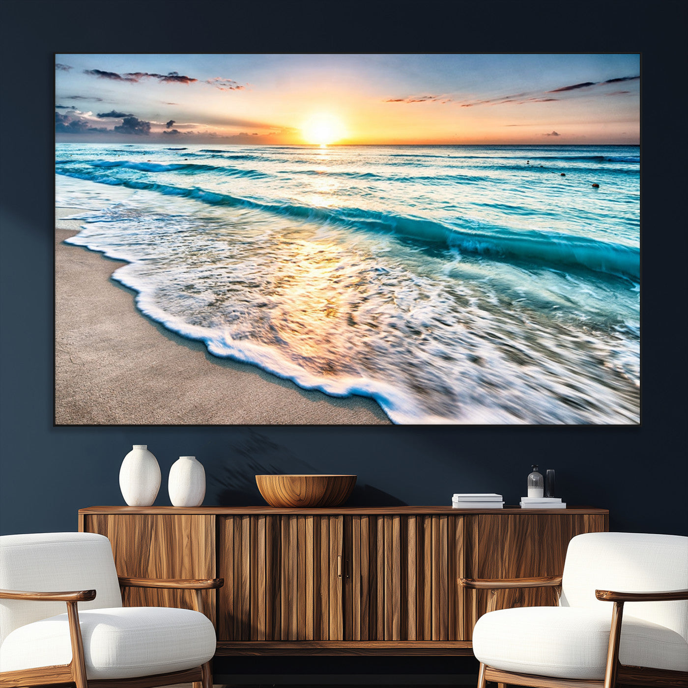 27815-MGV-CV-36X24-Ocean Sunrise Beach Wall Art – Serene Coastal Canvas Print with Waves and Golden Morning Light, Relaxing Seascape Decor for