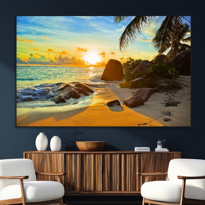 26181-MGV-CV-36X24-Golden Tropical Sunset Beach Wall Art – Ocean Canvas Print with Palm Trees and Rocks, Coastal Paradise Decor for Living Room or