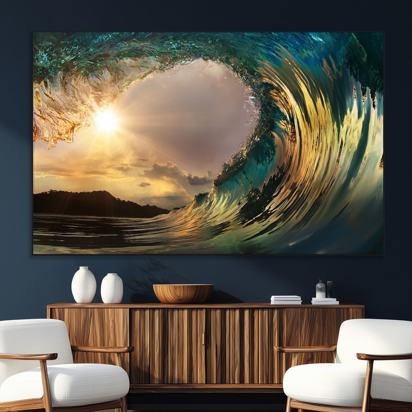 38256-MGV-CV-36X24-Ocean Wave Wall Art – Stunning Sunrise Through Curling Wave Canvas Print, Coastal Surf Photography Seascape Decor for Living Room,
