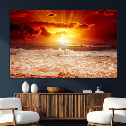 60211-SEG-FC-51X34_Oversize_Oversize-Fiery Sunset Ocean Waves Canvas Print – Vibrant Red & Orange Coastal Wall Art, Dramatic Seascape Decor